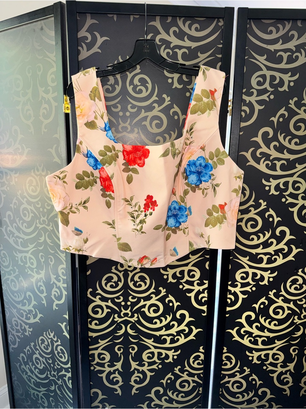 Fashion Nova Blush Pink Floral Crop Top with Blue & Red Blooms